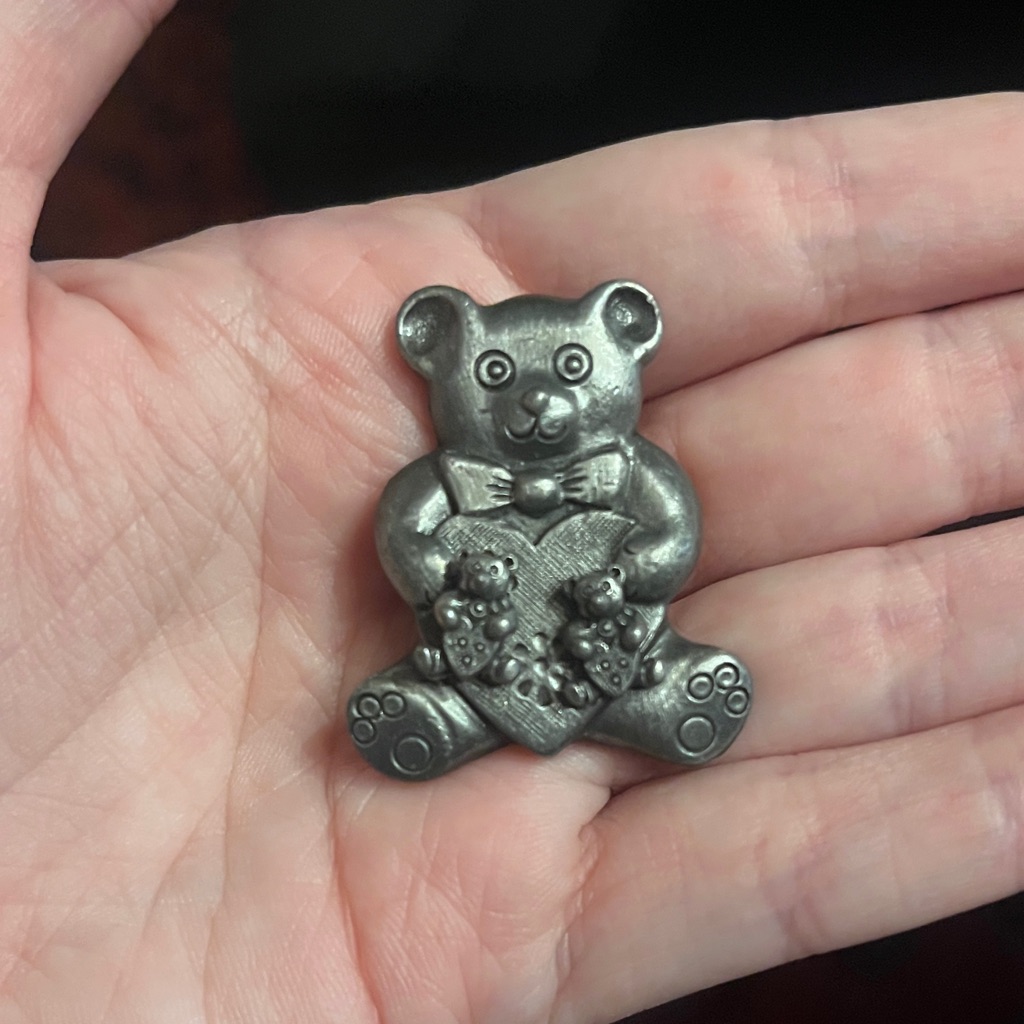 Vintage Torino Pewter Teddy Bear Brooch Holding Heart With Matching Earrings